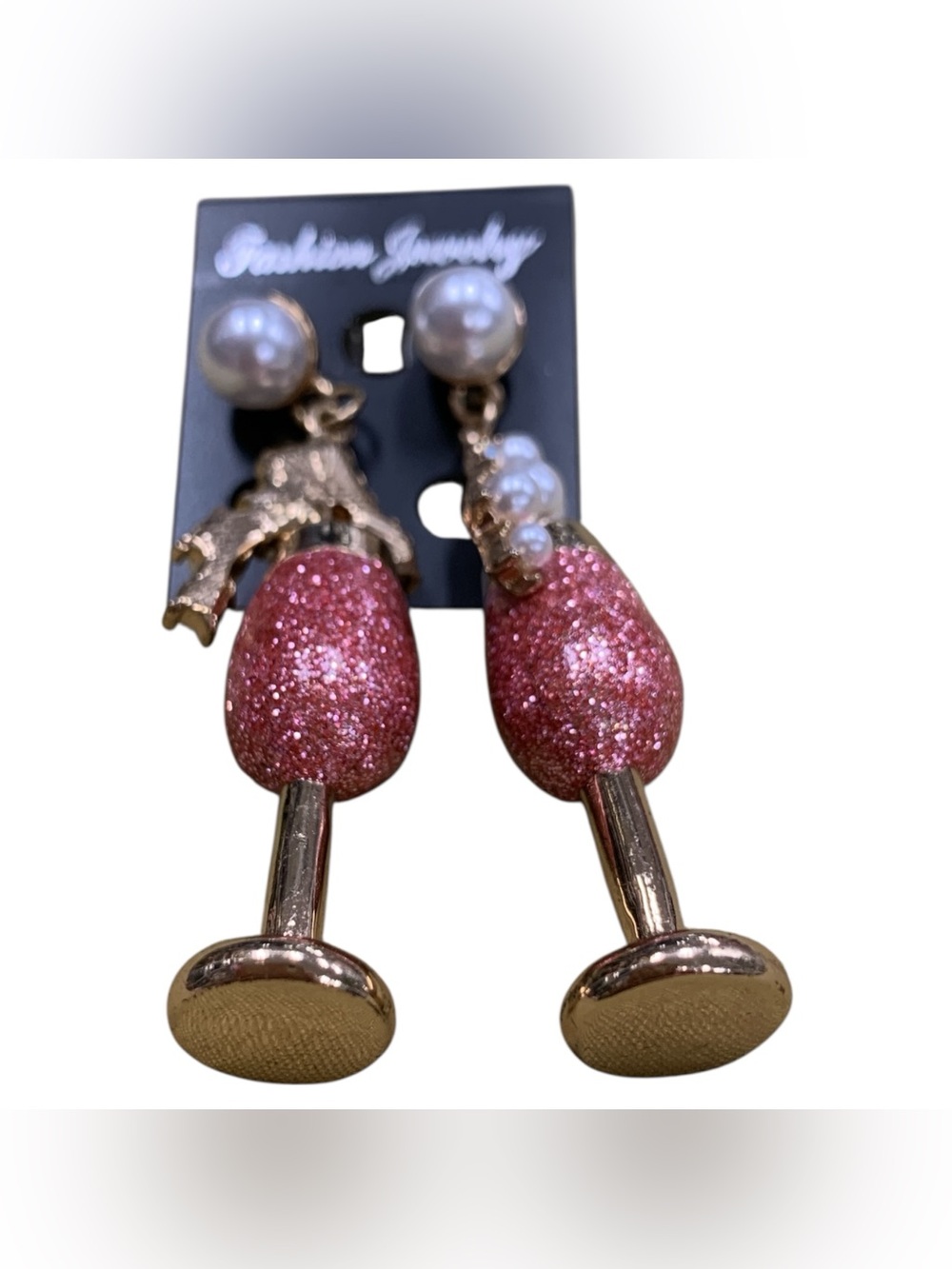 Fashion Jewelry Rose Pink Glitter Wine Glass Drop Earrings with Pearl Studs